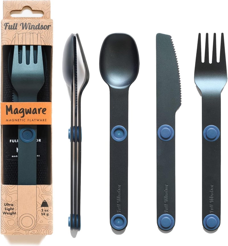 Full Windsor - MAGWARE Magnetic Camping Cutlery Set - Travel Utensils for Camping, Cooking, and Outdoor Dining - Knife, Fork & Spoon - Portable Silverware with Pouch - Blue (3 PCS) - Image 1